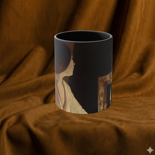 La Tour Woman Looking into Mirror Mug | Vintage Portrait Accent Mug, Pink Interior | The Midnight Series