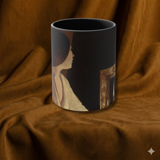 La Tour Woman Looking into Mirror Mug | Vintage Portrait Accent Mug, Pink Interior | The Midnight Series